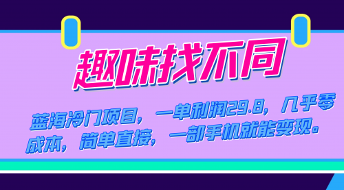【副业项目7745期】蓝海冷门项目，趣味找不同，一单利润29.8，几乎零成本，一部手机就能变现-齐力副业