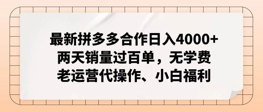 最新拼多多合作日入4000+两天销量过百单，无学费、老运营代操作、小白福利-齐力副业