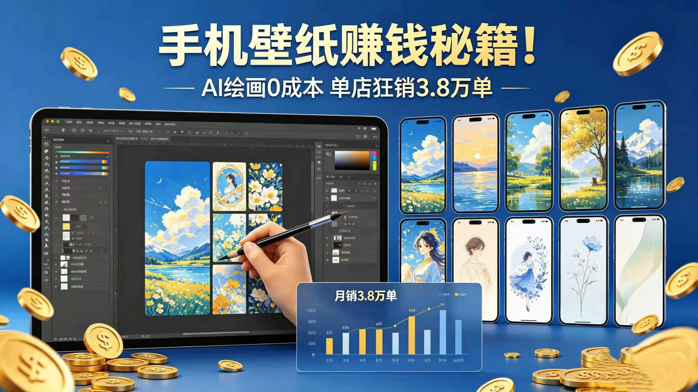 手机壁纸赚钱秘籍！AI 绘画 0 成本 单店狂销 3.8 万单-齐力副业
