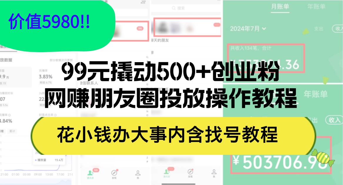 99元撬动500+创业粉，网赚朋友圈投放操作教程价值5980！花小钱办大事内...-齐力副业